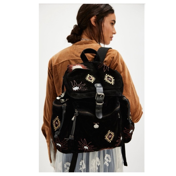 Free People Handbags - Free People Versailles Suede Black And Gold Embroidered Backpack NWT